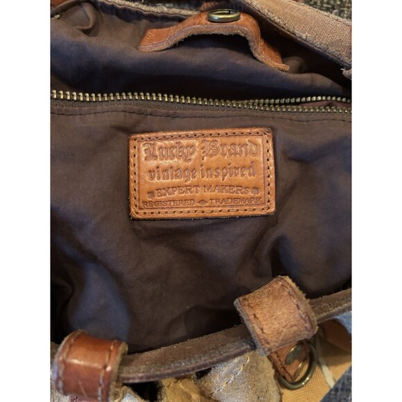 LUCKY Vintage inspired Brown leather Tan Floral Canvas Green Suede Y2K Backpack - Picture 6 of 6